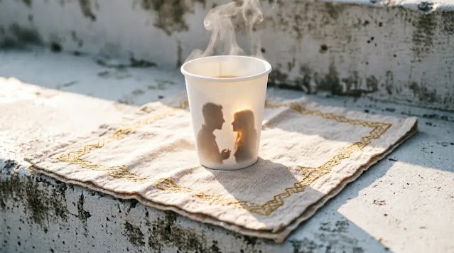 Woven cotton square with golden stitch supporting tea cup on concrete step. (AI-generated illustration)