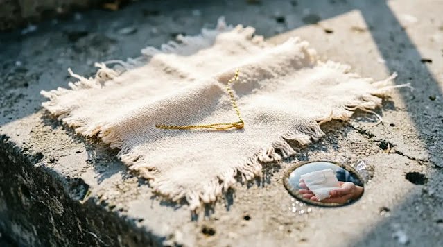 Woven cotton square with golden stitch resting freely on sunlit concrete step. (AI-generated illustration)