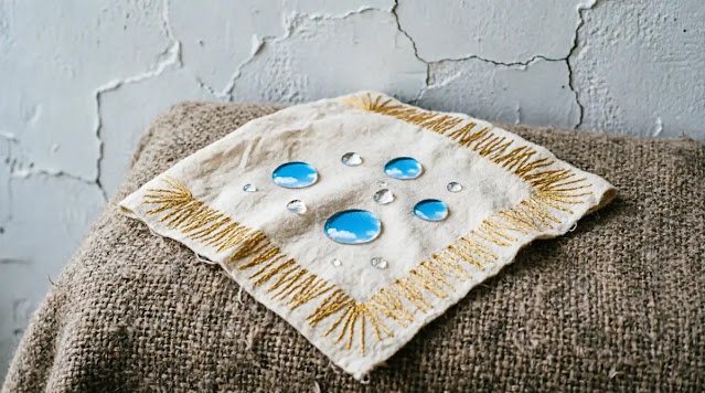 Woven cotton square with golden stitch spread on blanket against wall. (AI-generated illustration)