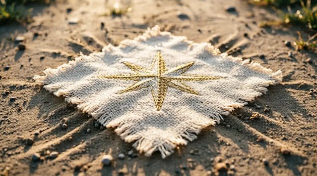 Woven cotton square with golden compass stitch on dusty path at sunrise. (AI-generated illustration)