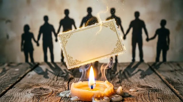 Card levitating above candle, shadow shows people holding hands (AI-generated illustration)