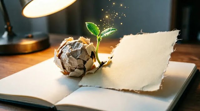 Card half crumpled half flat, green sprout growing from destruction (AI-generated illustration)