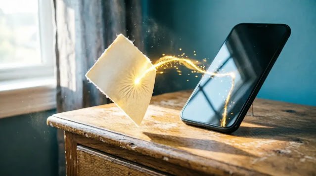 Index card bending toward smartphone, golden energy thread connecting them (AI-generated illustration)