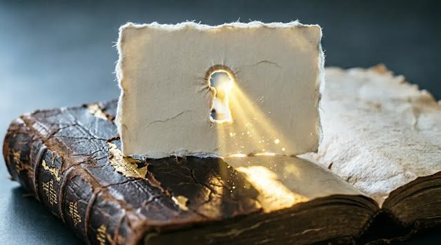 Index card with keyhole punched through, golden light projects open door onto book (AI-generated illustration)