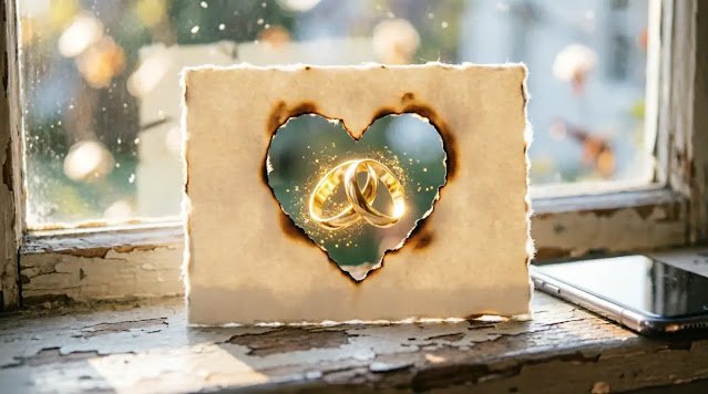 Card with heart-shaped hole, golden interlocking rings floating inside (AI-generated illustration)