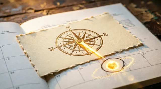 Card with glowing compass rose projecting golden sun onto calendar (AI-generated illustration)