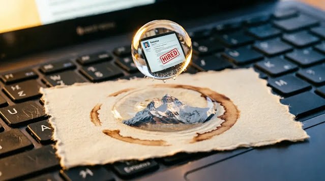 Water droplet hovering over card, ripple reflection shows mountain peak (AI-generated illustration)