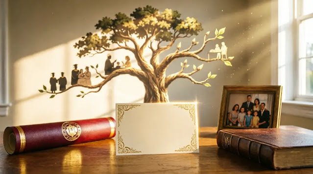 Card projecting massive legacy tree with graduation and family scenes (AI-generated illustration)