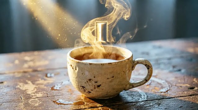 Cream ceramic cup with golden steam rising to form an open door shape (AI-generated illustration)