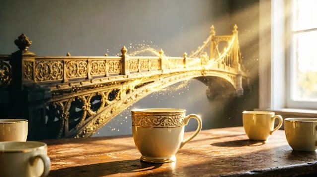 Cream ceramic cup projecting massive golden bridge connecting darkness to light (AI-generated illustration)