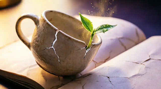 Cracked cream ceramic cup with green sprout growing from the break (AI-generated illustration)