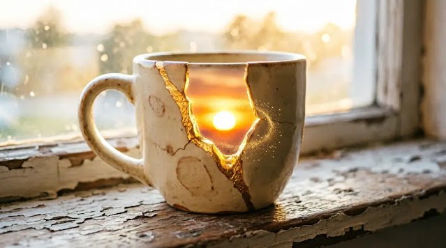 Cream ceramic cup with gold repair crack holding water reflecting sunrise (AI-generated illustration)