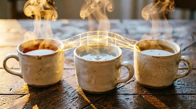 Three cream ceramic cups with steam rising and intertwining to form a bridge (AI-generated illustration)