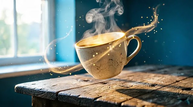 Cream ceramic cup levitating mid-air with golden internal glow (AI-generated illustration)