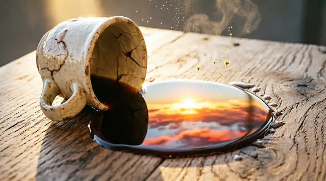 Tipped cream ceramic cup with spilled liquid reflecting a golden sunrise (AI-generated illustration)