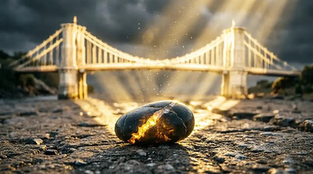 Small glowing river stone, light projects massive bridge connecting darkness to light (AI-generated illustration)