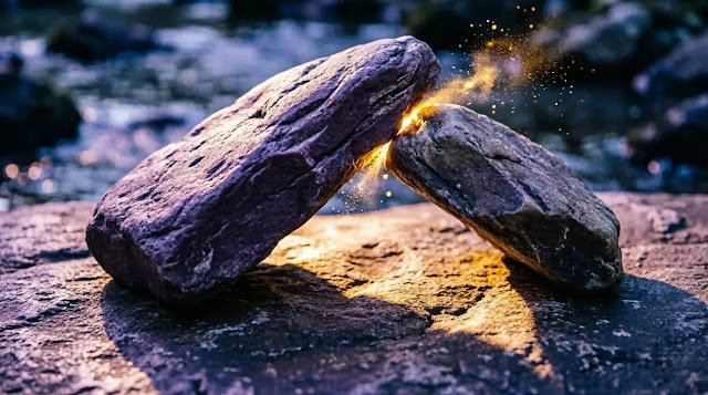 Leaning river stones unstable, shadow shows stable golden arch (AI-generated illustration)