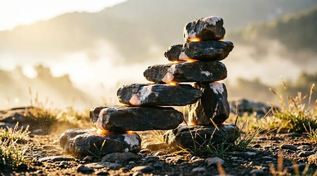 Stack of balanced river stones, shadow shows ascending stairs graph (AI-generated illustration)