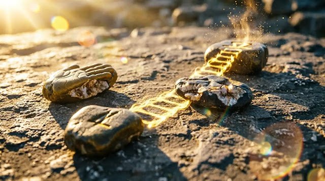 Stones in ritual pattern on ground, shadow shows golden ladder upward (AI-generated illustration)
