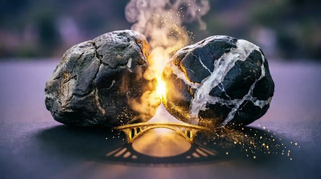 Two stones touching with spark, shadow shows massive golden bridge (AI-generated illustration)