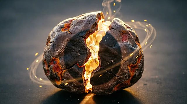 Split river stone glowing inside, shadow shows perfect solid sphere (AI-generated illustration)