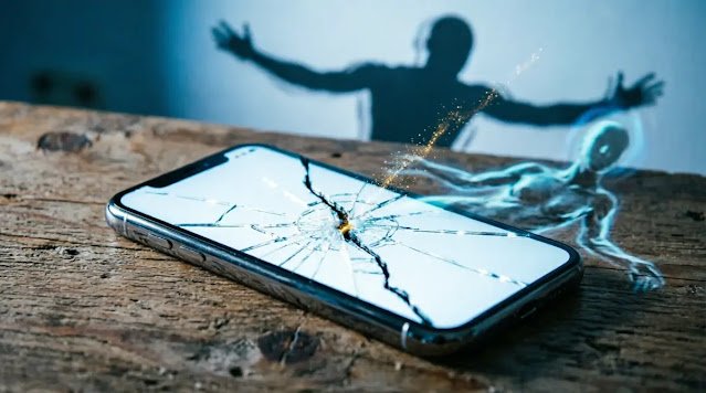 Cracked phone, bracing shadow to flowing calm, resilience release (AI-generated illustration)