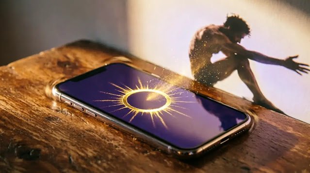 Loading circle phone, tense shadow to relaxed, growth discomfort (AI-generated illustration)