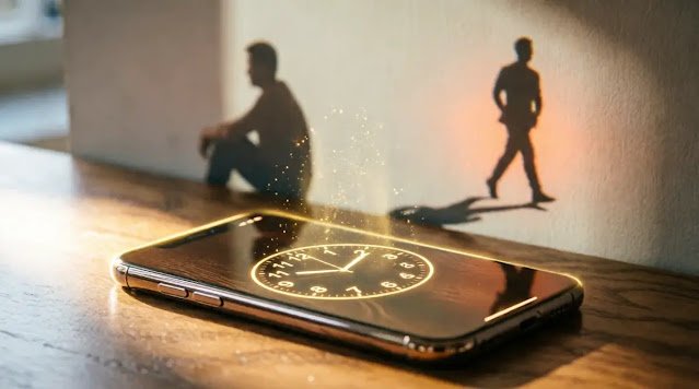 Clock phone, stillness shadow reveals forward path, pause choice (AI-generated illustration)