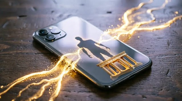 Phone golden light flow, integrated figure, foundation structure (AI-generated illustration)