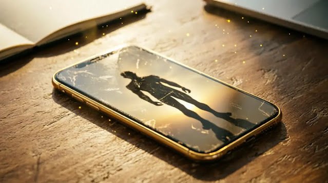 Glowing phone, steady reflection, pillar foundation shadow, identity (AI-generated illustration)