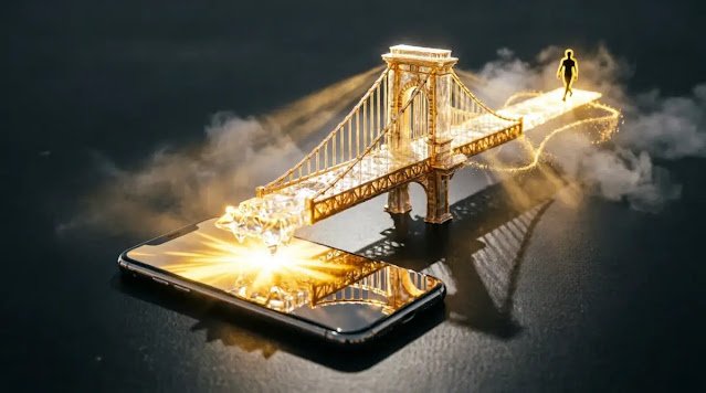 Glowing phone projects massive steady light bridge, figure walks toward legacy (AI-generated illustration)
