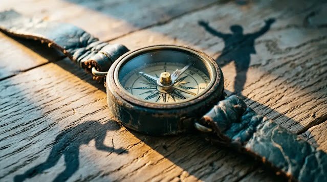 Weighed-down compass casts straightening figure shadow, burden to release (AI-generated illustration)