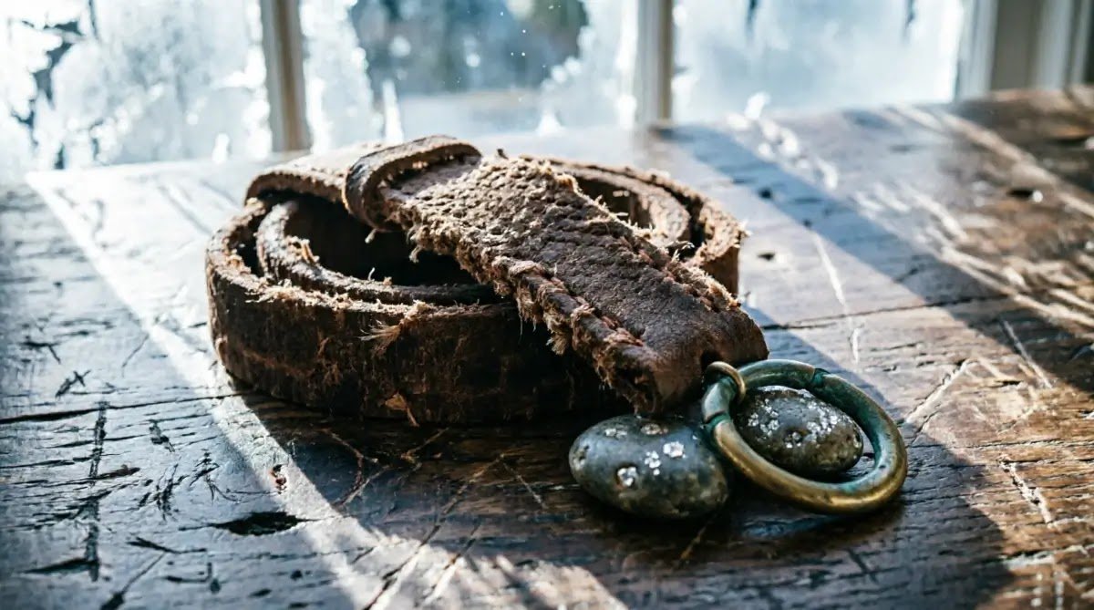 Weathered leather strap coiled on entryway table, river stones pinning brass ring, cold morning light (AI-generated illustration)