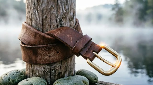 Leather strap weaving through wooden dock piling, brass hardware engaging, morning mist (AI-generated illustration)