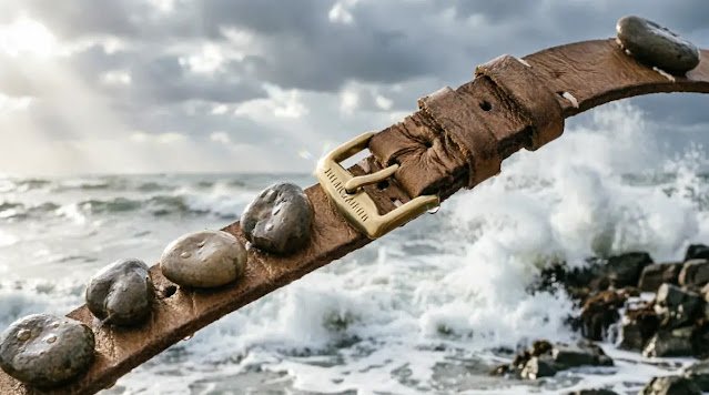 Leather strap with sliding buckle, stones on curve, stormy sea (AI-generated illustration)
