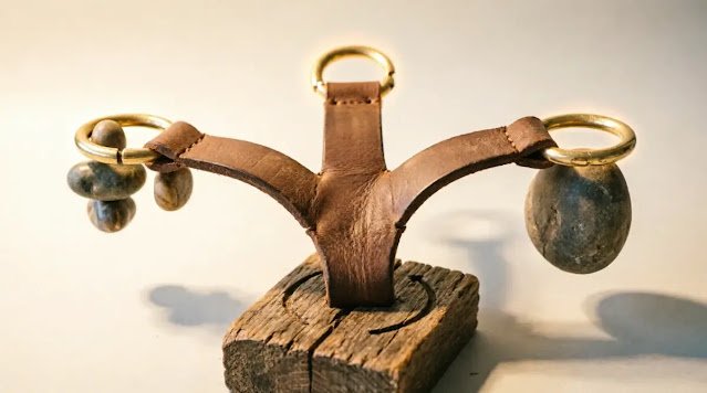 Leather strap branching to three anchors via brass rings, balancing stones, warm light (AI-generated illustration)