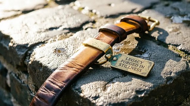 Leather strap worn smooth on stone foundation, brass gleaming as medal, golden legacy light (AI-generated illustration)