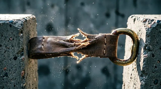 Leather strap stretched between concrete blocks, fibers pulling at stress point, dramatic rim light (AI-generated illustration)