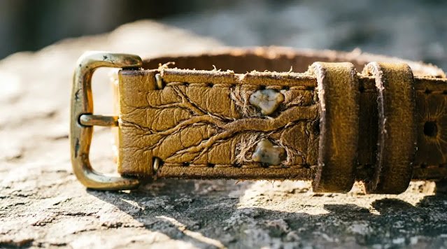 Leather strap showing strengthened fibers, wear patterns like roots, morning glow (AI-generated illustration)