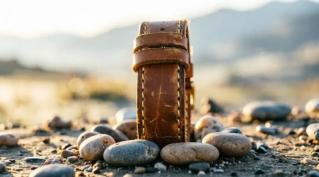 Reinforced leather strap standing upright in field, brass stitching, sunrise rim light (AI-generated illustration)