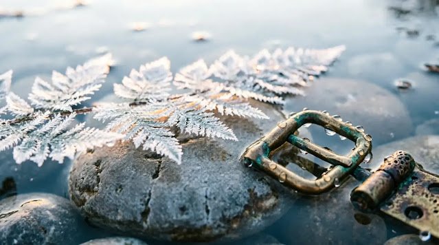 Stone under thin ice with frost crystals, condensation on brass latch, soft light (AI-generated illustration)