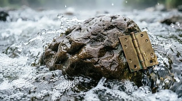 Turbulent water around stone, stiff brass hinge yielding, uneven ice melt (AI-generated illustration)