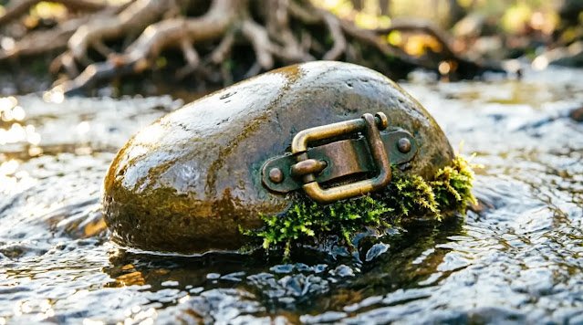 Clear stream over water-worn stone, luminous brass, thriving moss, golden legacy light (AI-generated illustration)