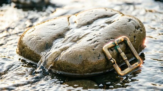 Water channeling around stone, brass latch partially open, clear stream, warm light (AI-generated illustration)