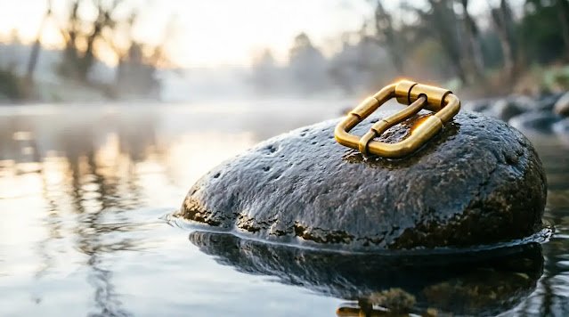 Ice fully melted, smooth water over stone, open gleaming brass latch, golden light (AI-generated illustration)