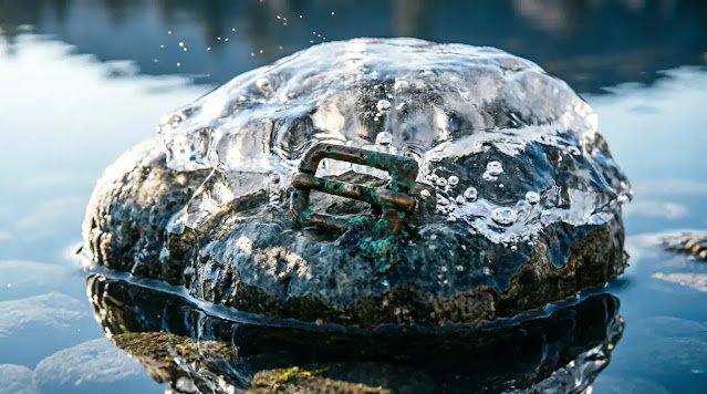 Stone and brass latch frozen in thick ice, stagnant water, harsh side light (AI-generated illustration)