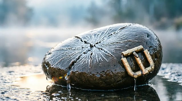Ice cracking around stone, water trickles forming, condensation on brass, morning glow (AI-generated illustration)