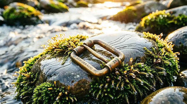 Polished stone from water flow, brass with rich patina, moss starting, morning glow (AI-generated illustration)