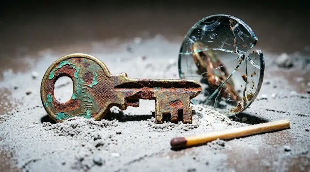 Key buried in dust, mirror showing only rust, match nearby - shame distorts self-view (AI-generated illustration)