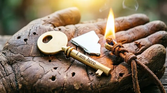 Unified tool resting in wood depression, flame eternal, key engraved "I am here" - voice becomes home (AI-generated illustration)